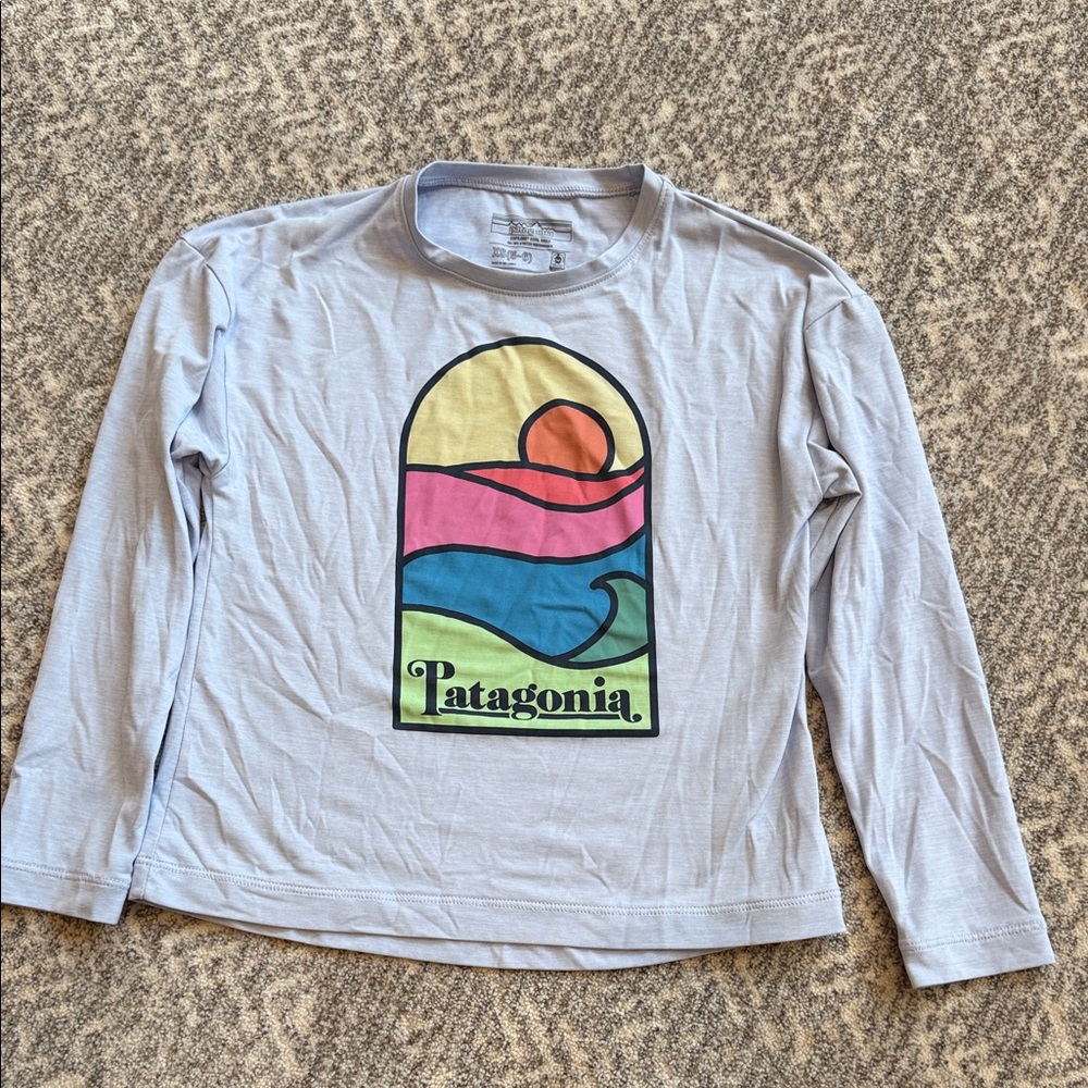 Patagonia Kids Long Sleeve Tee - Light blue with Colorful Graphic, size XS